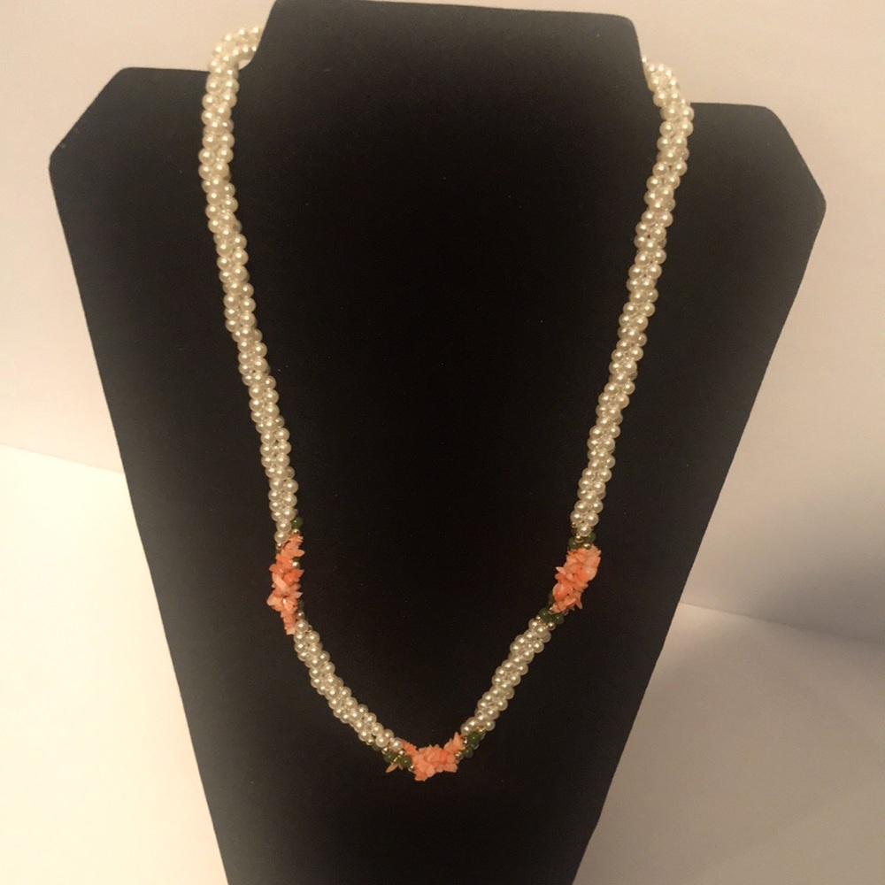Vintage 70s twisted rope strands necklace w/ coral, jade & pearls